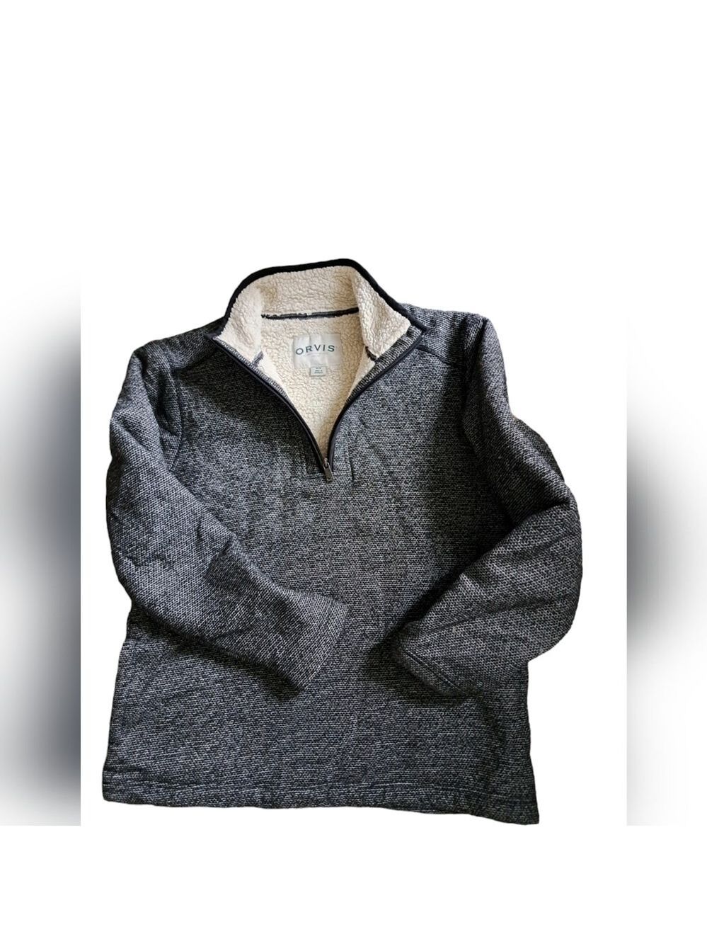 ORVIS pullover 1/4 zip sweater black sherpa like lining cozy coastal outdoor M